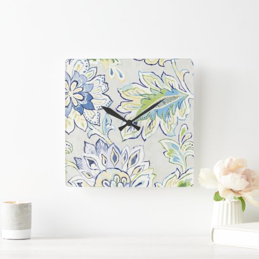 Bohemisch Blue Blume Quadratische Wanduhr (Zuhause)