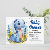Bohemisch Blue Custom Dinosaur Boy Baby Dusche Einladung (Stehend Vorderseite)