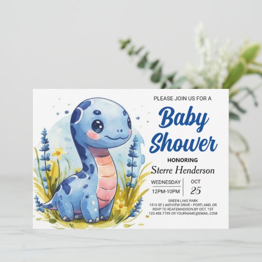 Bohemisch Blue Custom Dinosaur Boy Baby Dusche Einladung (Stehend Vorderseite)