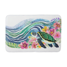 Bohemisch Blue Waves Happy Turtle Watercolor Badematte