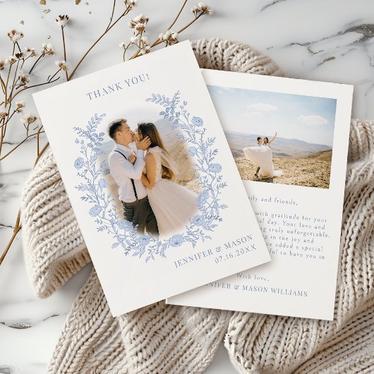 Bohemisch Blue Wildblume Classic Wedding Foto Dankeskarte