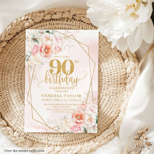 Bohemisch Blush Pink Gold Floral 90. Geburtstag Einladung