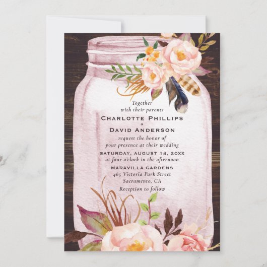 Bohemisch Blush Pink Mason Jar Floral Wedding Einladung (Vorderseite)