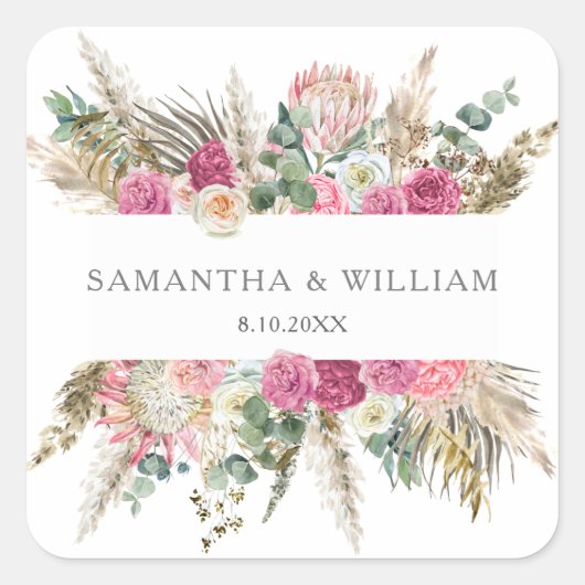 Bohemisch Blütenrot Rose Wasserfarbe Quadratischer Aufkleber (Vorderseite)