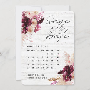 Bohemisch Boho Burgundy Red Calendar Save the Date Einladung