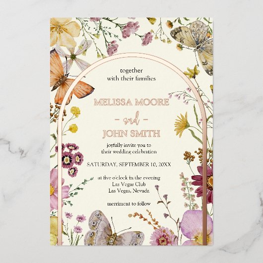 Bohemisch Boho Wildblume Wedding Folieneinladung (Vorderseite)