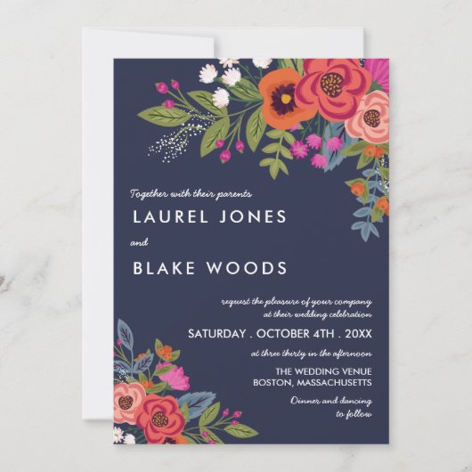 Bohemisch Bouquet - Hochzeit von Navy Blue & Coral Einladung (Vorderseite)
