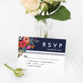 Bohemisch Bouquet - Navy Blue & Coral Wedding RSVP
