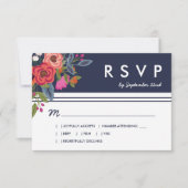 Bohemisch Bouquet - Navy Blue & Coral Wedding RSVP Karte (Vorderseite)