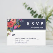 Bohemisch Bouquet - Navy Blue & Coral Wedding RSVP Karte (Stehend Vorderseite)