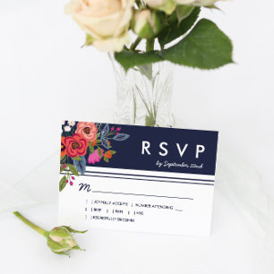 Bohemisch Bouquet - Navy Blue & Coral Wedding RSVP Karte