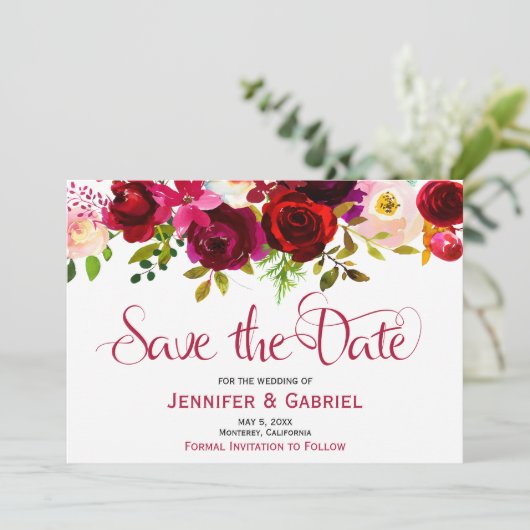Bohemisch Burgundy Marsala Floral Save the Date (Stehend Vorderseite)