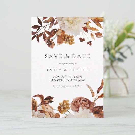 Bohemisch Burnt Orange Fall Floral Save the Date Einladung (Stehend Vorderseite)