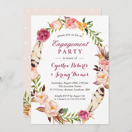 Bohemisch Chic Boho Floral Wreath Engagement Party Einladung (Vorne/Hinten)