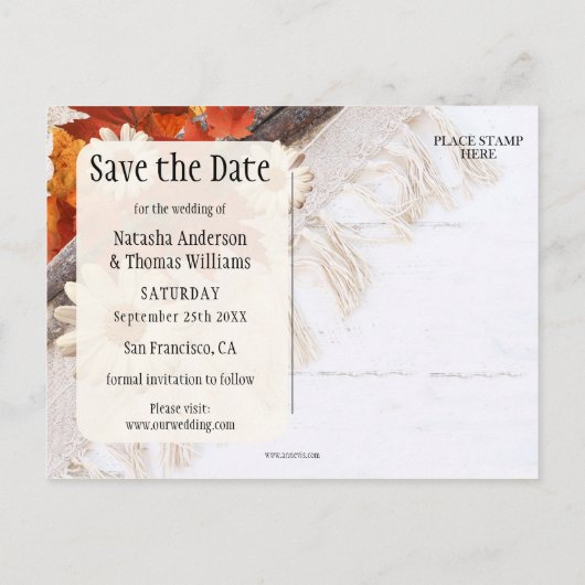 Bohemisch Chic Fall Save the Date Postkarte (Rückseite)