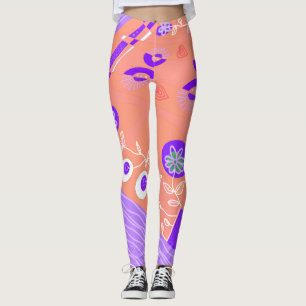 Bohemisch Chintz Illustration Coral Lila White Leggings
