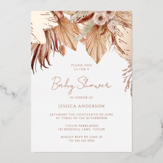 Bohemisch Dream Floral Baby Dusche Rose Gold Folieneinladung (Vorderseite)