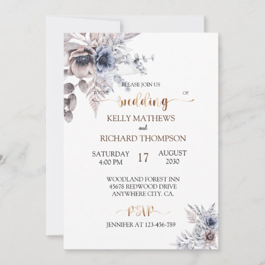 Bohemisch Dusty Blue Hochzeit Einladung (Vorderseite)