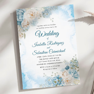 Bohemisch Dusty Blue Ivory Rose Blume Hochzeit Einladung
