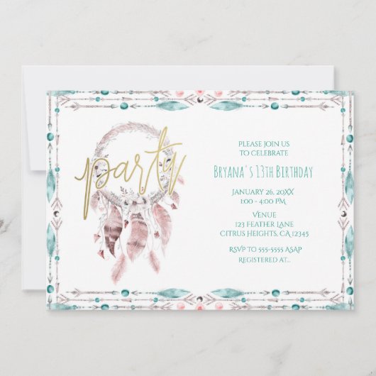 Bohemisch Feather Dream Catcher Aquamarin Geburtst Einladung (Vorderseite)