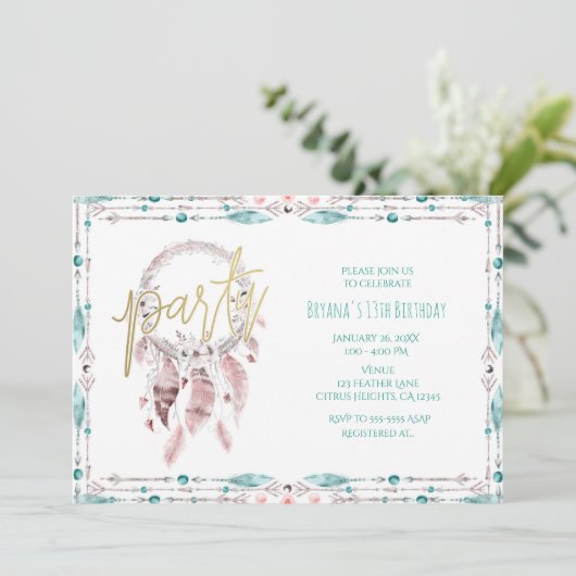 Bohemisch Feather Dream Catcher Aquamarin Geburtst Einladung (Stehend Vorderseite)