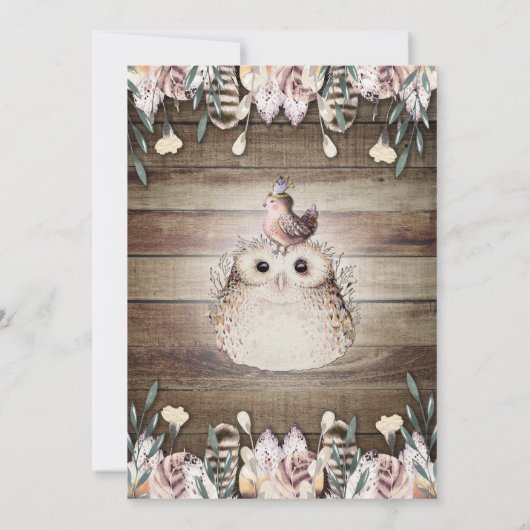 Bohemisch Feather Friends Owl & Bird Baby Dusche Einladung (Rückseite)