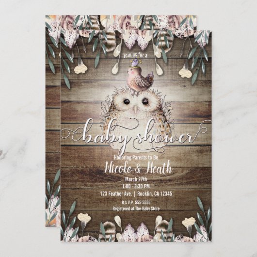 Bohemisch Feather Friends Owl & Bird Baby Dusche Einladung (Vorne/Hinten)