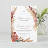 Bohemisch Feathers Wheat Freesia Floral Wedding Einladung (Stehend Vorderseite)