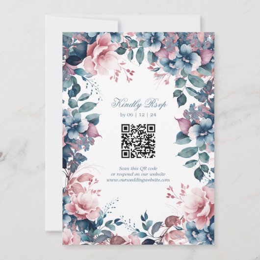 Bohemisch Floral Dusty Blue Wedding w/QR UAWG Einladung (Rückseite)