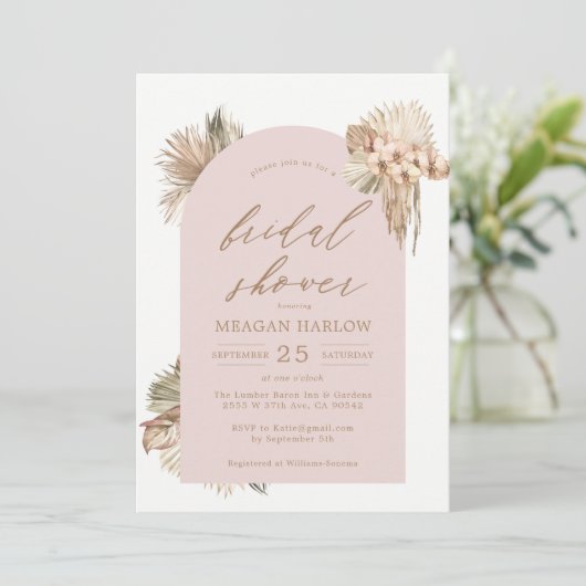 Bohemisch getrocknete Palm-Blätter Rosa Brautparty Einladung (Stehend Vorderseite)
