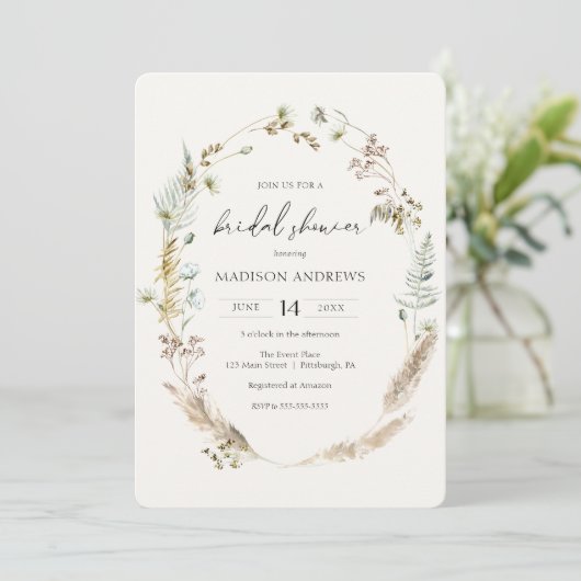 Bohemisch getrocknetes Bouquet Blue Brautparty Einladung (Stehend Vorderseite)