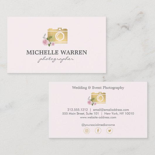 Bohemisch-Gold-Kamera-Blume Pink-Fotograf Visitenkarte (Vorne/Hinten)