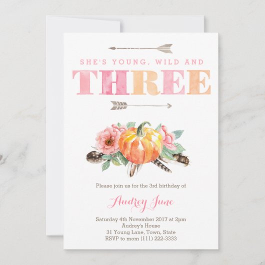 Bohemisch HerbstGirl 3. Geburtstag Party Einladung (Vorderseite)