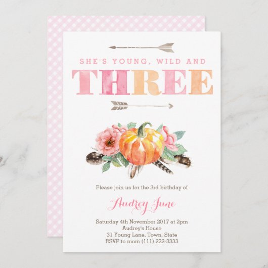 Bohemisch HerbstGirl 3. Geburtstag Party Einladung (Vorne/Hinten)