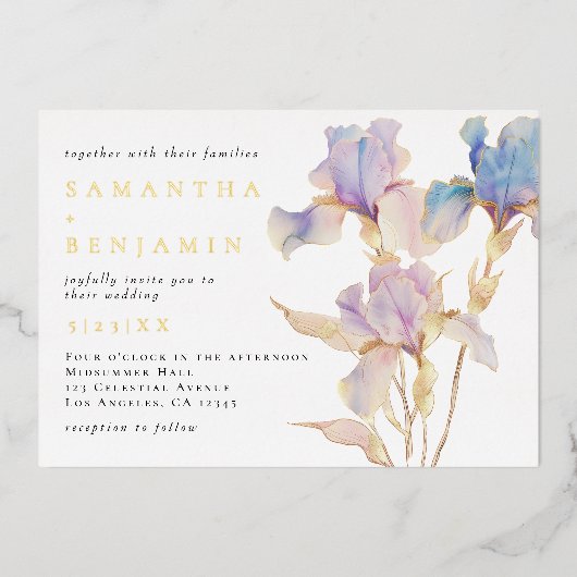 Bohemisch Iris Wedding Folieneinladung (Vorderseite)