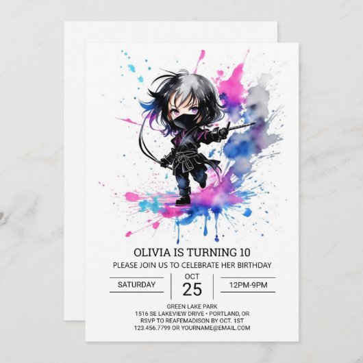 Bohemisch Little Ninja Girl Geburtstag Einladung (Vorne/Hinten)