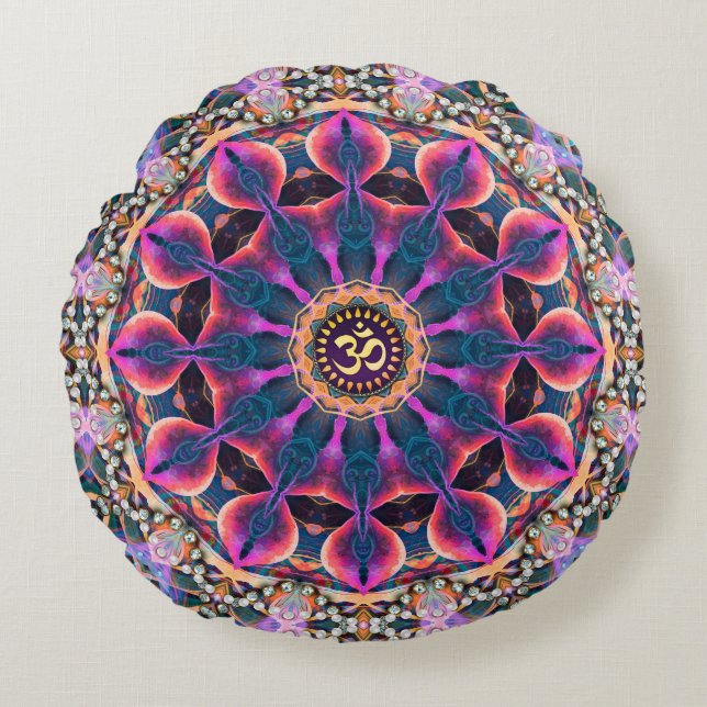 Bohemisch Magic Mandala OM Yoga Round Cushion Rundes Kissen (Vorderseite)