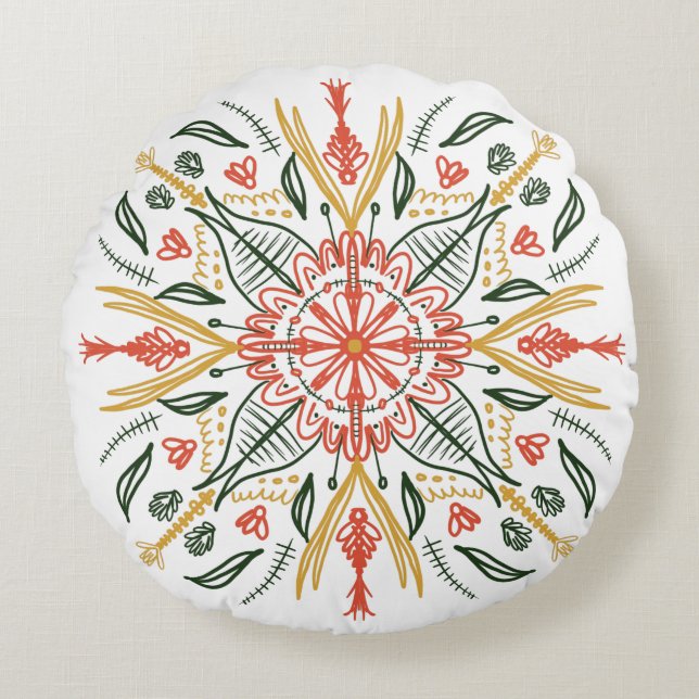 Bohemisch Mandala Farbenfrohe botanische Vegetatio Rundes Kissen (Vorderseite)