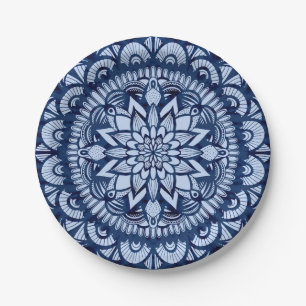 Bohemisch Navy Blue Gefärbte Krawatte Mandala Pappteller