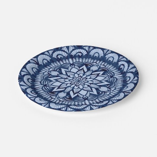 Bohemisch Navy Blue Gefärbte Krawatte Mandala Pappteller (Schrägansicht)