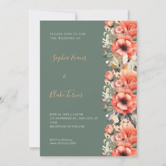 Bohemisch Orange Floral Fall Green Wedding Einladung (Vorderseite)