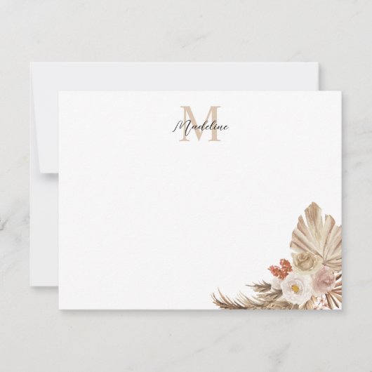 Bohemisch Pampas Grass Script Monogram Mitteilungskarte (Vorderseite)