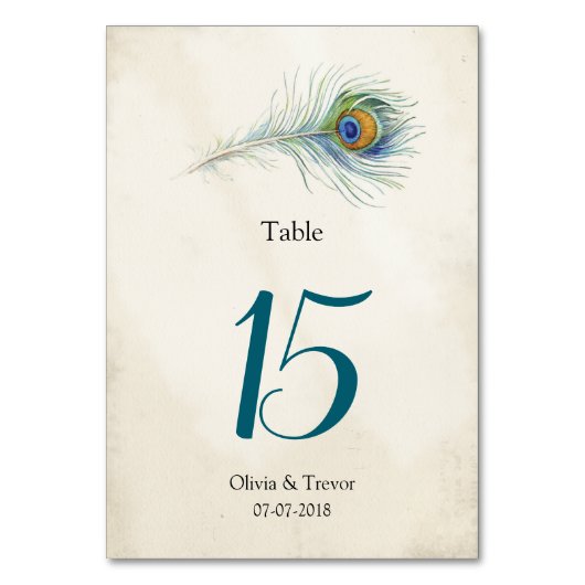 Bohemisch Peacock Feather Wedding Tischnummer (Vorderseite)