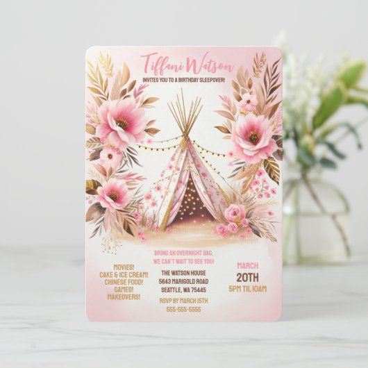 Bohemisch Pink Floral Twinkle Lights Leepoe Einladung (Stehend Vorderseite)
