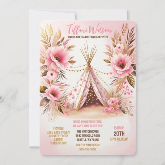 Bohemisch Pink Floral Twinkle Lights Leepoe Einladung (Vorderseite)