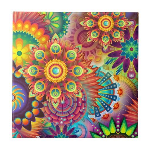 Bohemisch Psychedelischer Garten Retro Boho farben Fliese (Vorderseite)