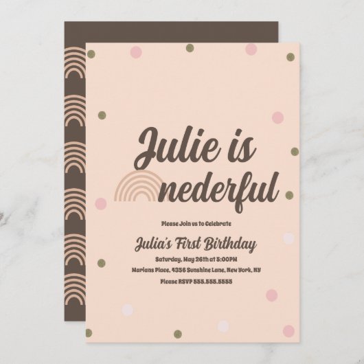 Bohemisch Rainbow First Birthday Onederful Confett Einladung (Vorne/Hinten)