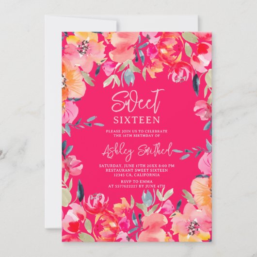Bohemisch rosa Aquarellfarben Blume Sweet 16 Gebur Einladung (Vorderseite)