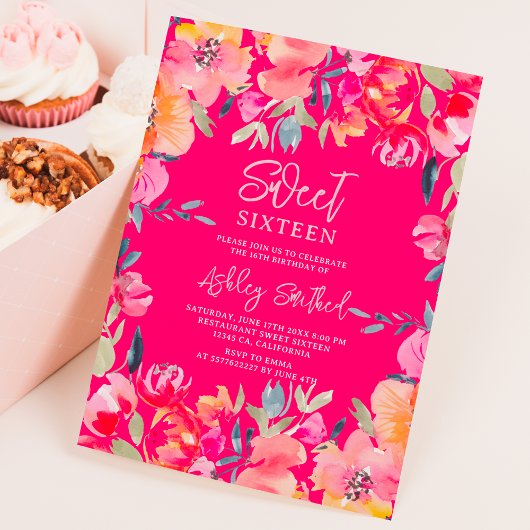 Bohemisch rosa Aquarellfarben Blume Sweet 16 Gebur Einladung