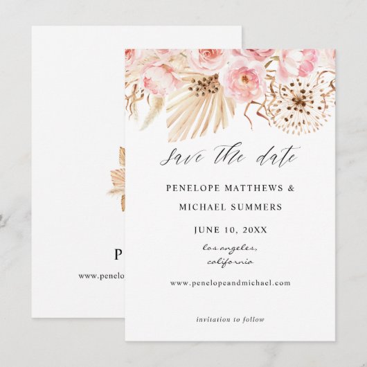 Bohemisch rosa Floral Save the Date (Vorne/Hinten)